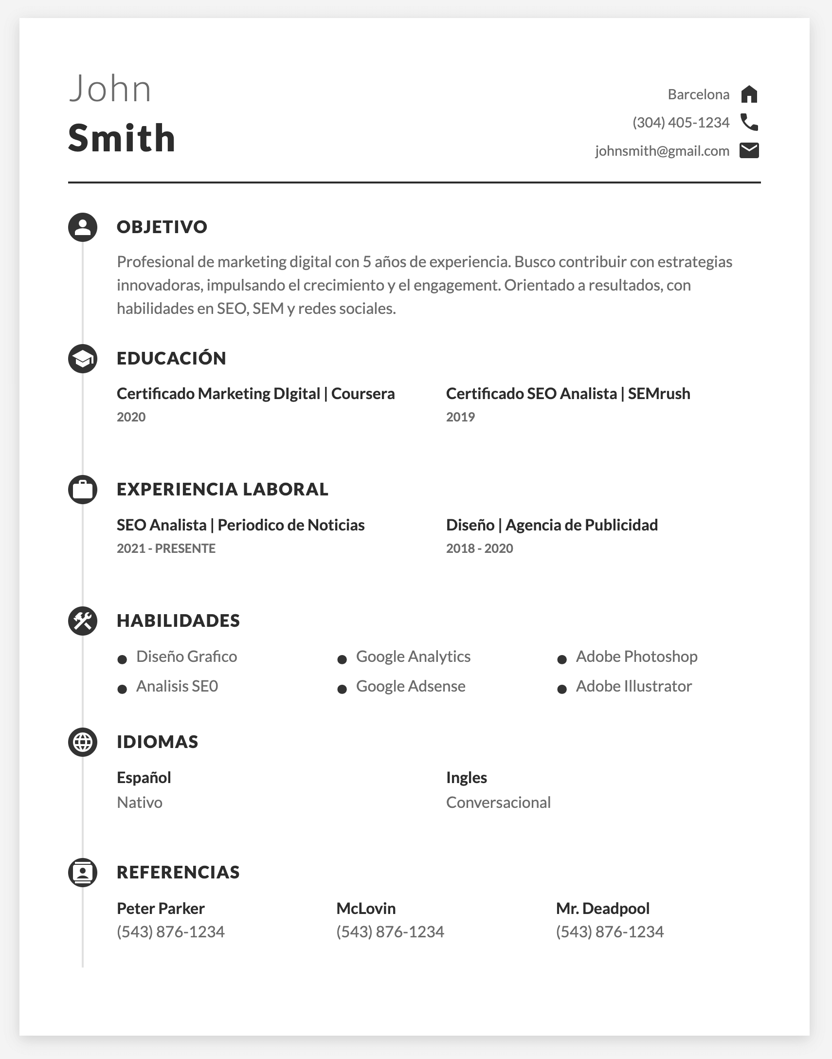 Ejemplo de un currículum vitae generado con la herramienta Simple CV